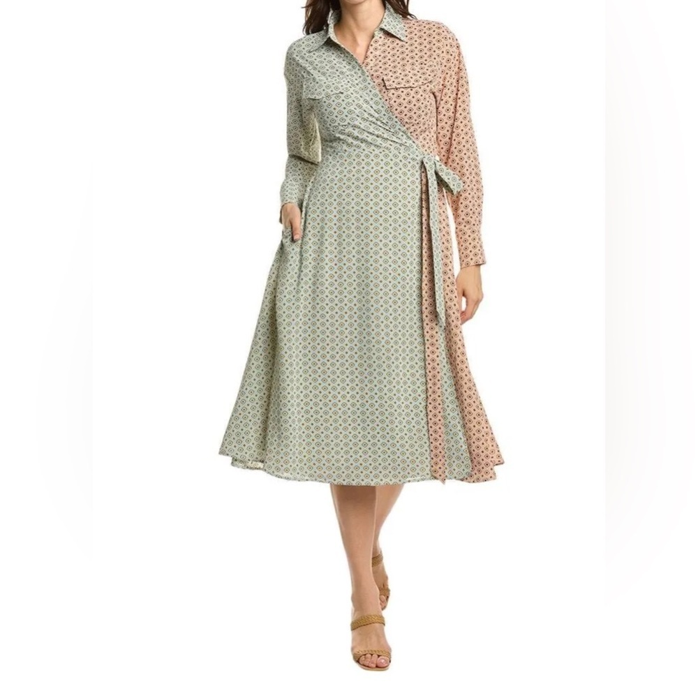 Gracia - Color Block Fun Design Wrap Long Sleeve Midi Dress Size Medium